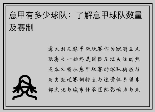 意甲有多少球队：了解意甲球队数量及赛制